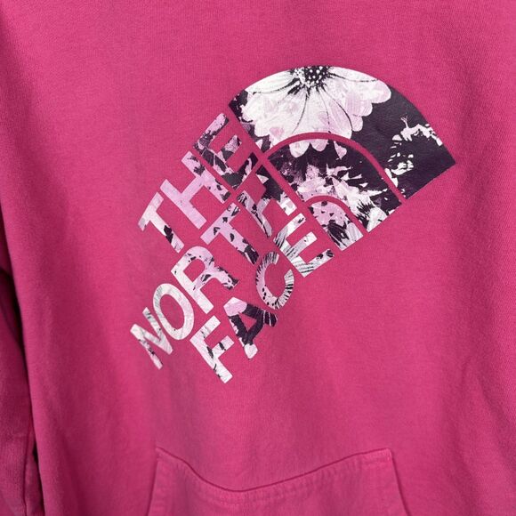 The North Face Bright Pink Comfy Hoodie Floral Lettering Women's Large - Picture 3 of 11